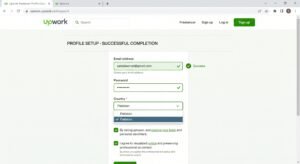 Upwork profile setup screen showing Pakistan selected as freelancer country