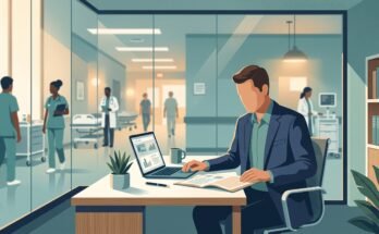 Healthcare administrator reviewing salary and career data at a hospital office desk