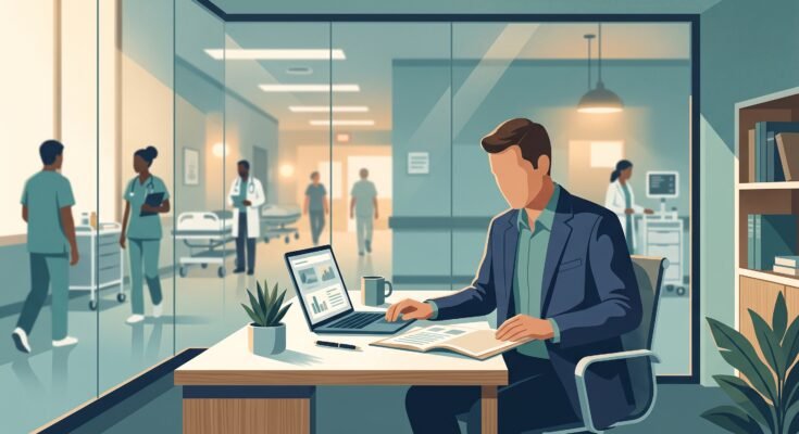 Healthcare administrator reviewing salary and career data at a hospital office desk
