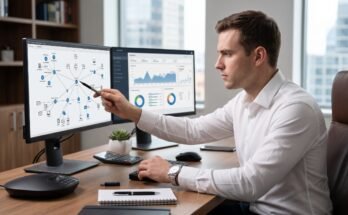 IT professional working remotely with headset and dual monitors