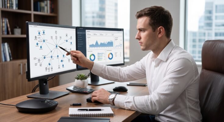 IT professional working remotely with headset and dual monitors