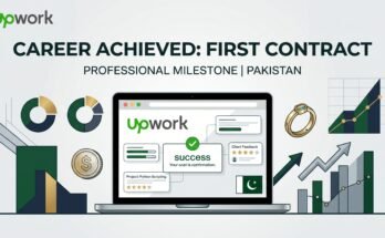 First job on Upwork from Pakistan guide with checkmark and Payoneer icon