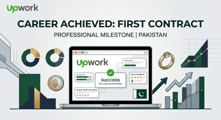 First job on Upwork from Pakistan guide with checkmark and Payoneer icon