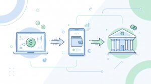 "Payment flow diagram from US client to Payoneer or Wise to Pakistani bank account"