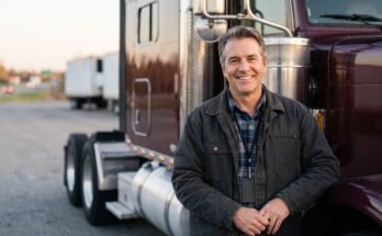 Confident truck driver standing beside a semi-truck.