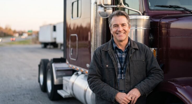 Confident truck driver standing beside a semi-truck.