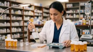 Pharmacy technician working in a specialized hospital pharmacy role