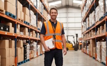 Confident warehouse worker in safety vest holding a clipboard.