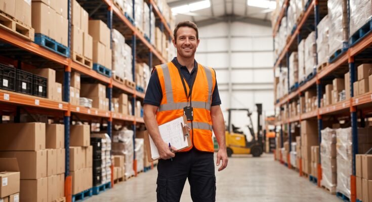 Confident warehouse worker in safety vest holding a clipboard.