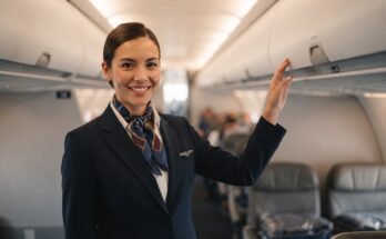 Confident flight attendant standing in an airplane aisle