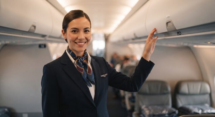 Confident flight attendant standing in an airplane aisle