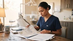 Dental assistant reviewing DANB certification materials