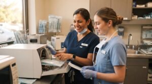 Experienced dental assistant mentoring a new hire