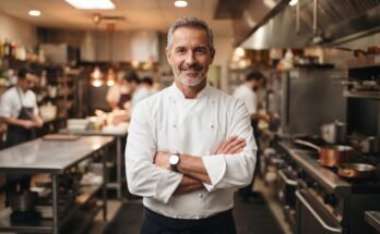 Confident executive chef standing in a modern commercial kitchen.