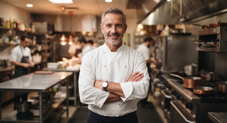 Confident executive chef standing in a modern commercial kitchen.