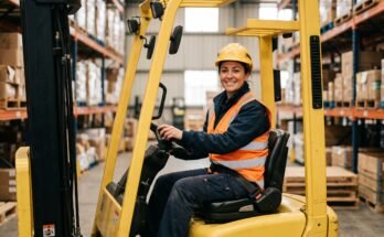 Confident forklift operator seated on a forklift in a warehouse
