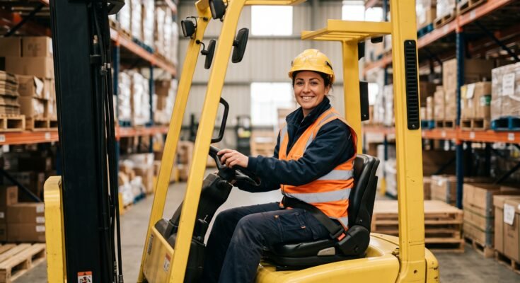 Confident forklift operator seated on a forklift in a warehouse