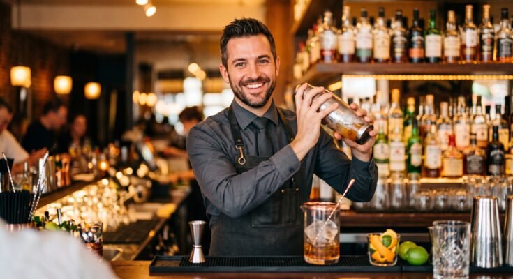 Confident bartender mixing a cocktail behind a bar counter.