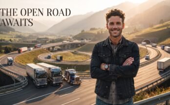 Confident owner-operator truck driver standing beside his own semi-truck.