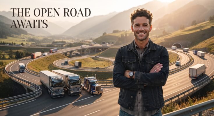 Confident owner-operator truck driver standing beside his own semi-truck.